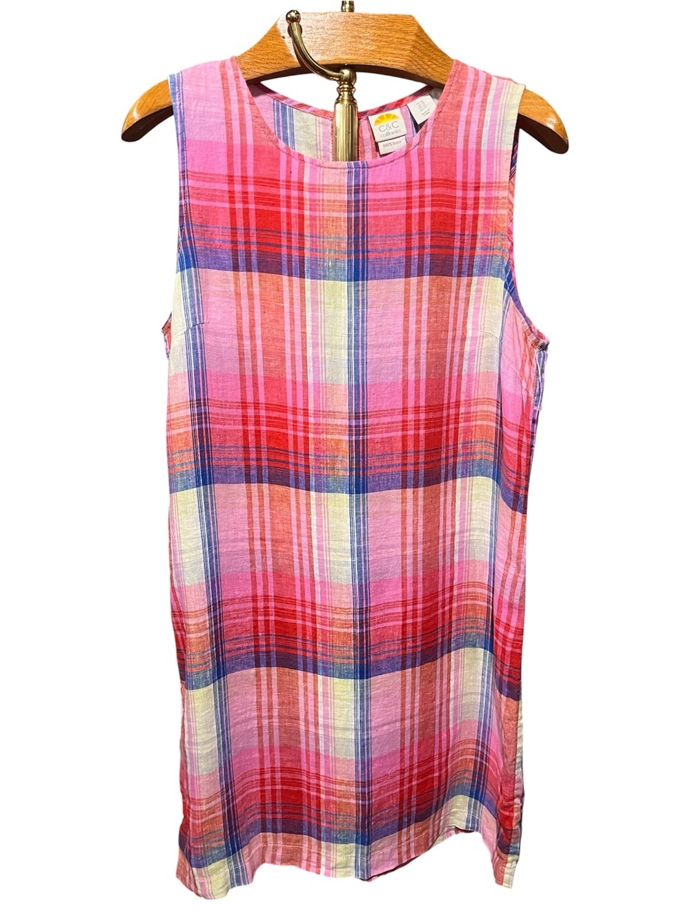 C&C California 100% Linen Pink, Red & Green Plaid Shift Tank Dress Large